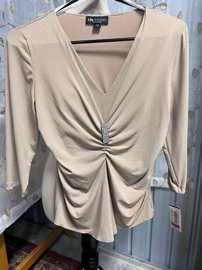 I.N. Studio Cream V-Neck Ruched Front Top with Rhinestone Accent